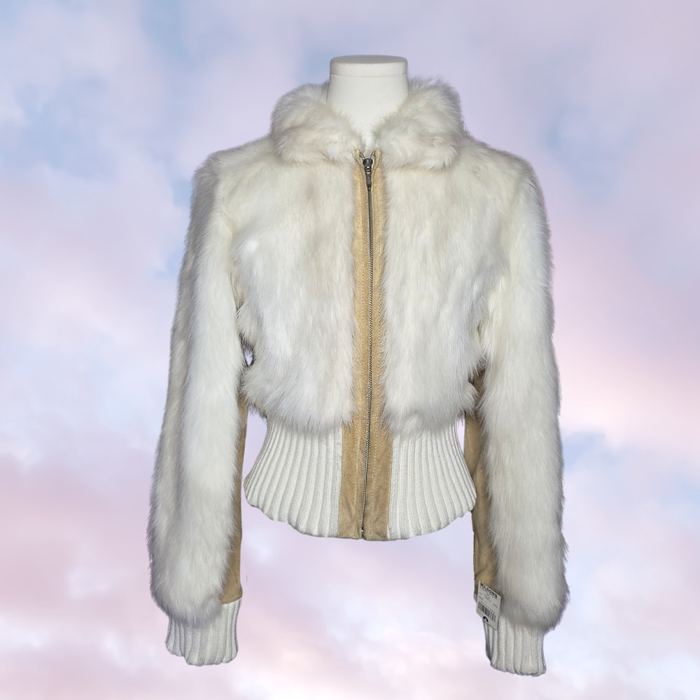 Vtg Y2k 2000s Wilson's Leather Maxima Faux Fur Leather White Zip Up Jacket M